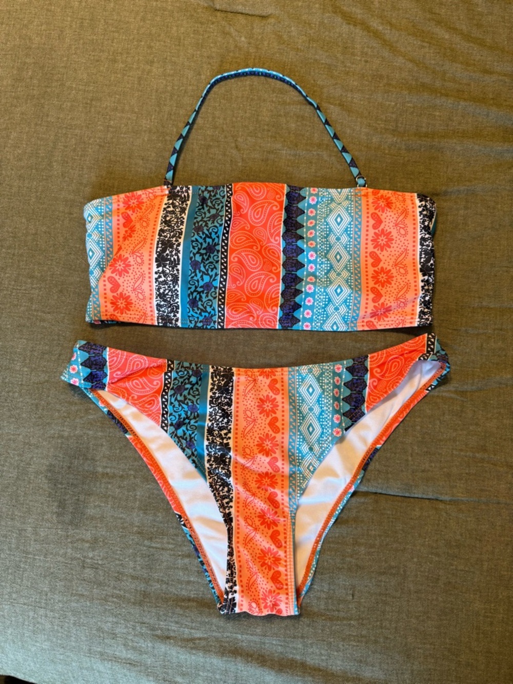 SHEIN Coral, Teal & Black Striped Bandeau Bikini Set